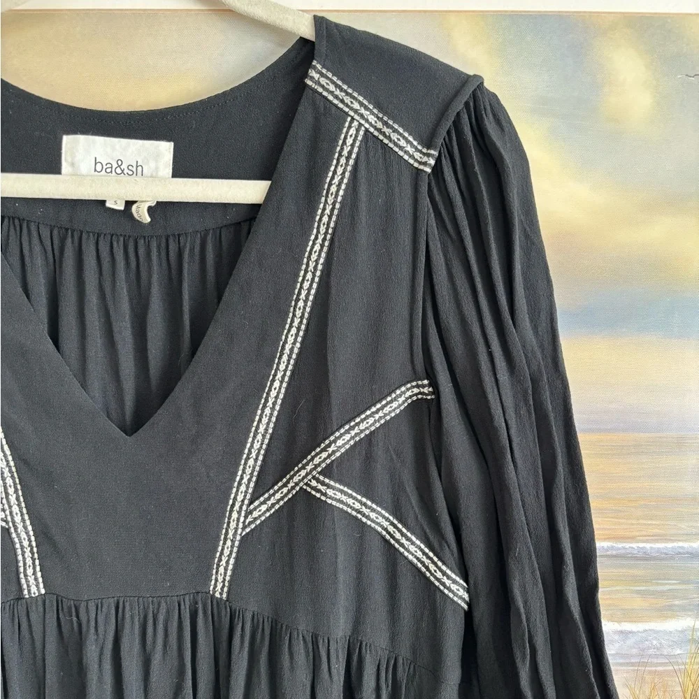 Ba&Sh Dress Alma Boho Embroidered V- Neck Mini Black S